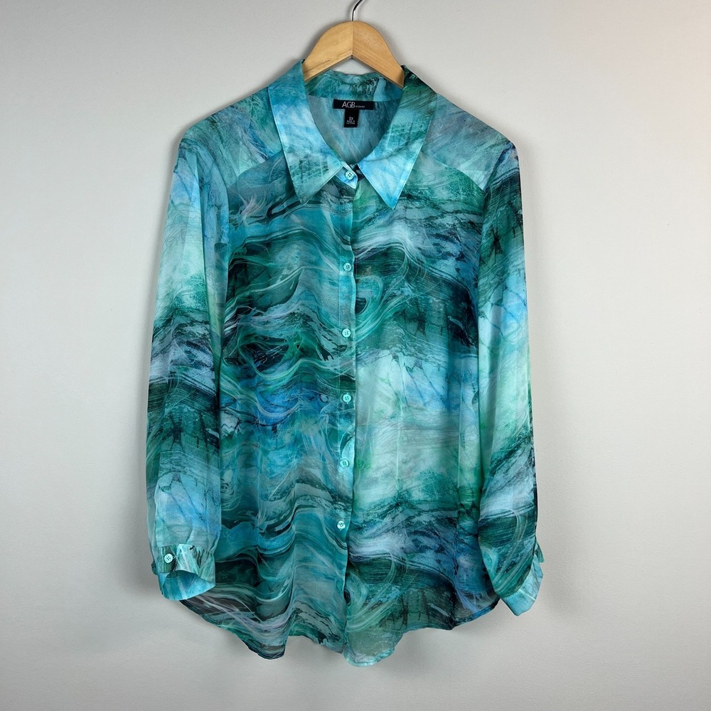AGB Woman Blouse Top Womens 3X Green Blue Long Sleeve Sheer Button Up Artsy Art‎